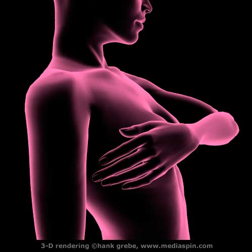 3-D Breast Exam rendering #2, pink x-ray look, arm covering breasts